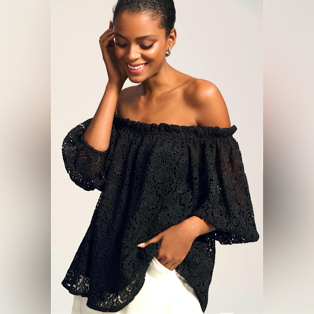 NWT Anthropologie Maeve Off-The-Shoulder Cutwork Lace Top in Black | Medium